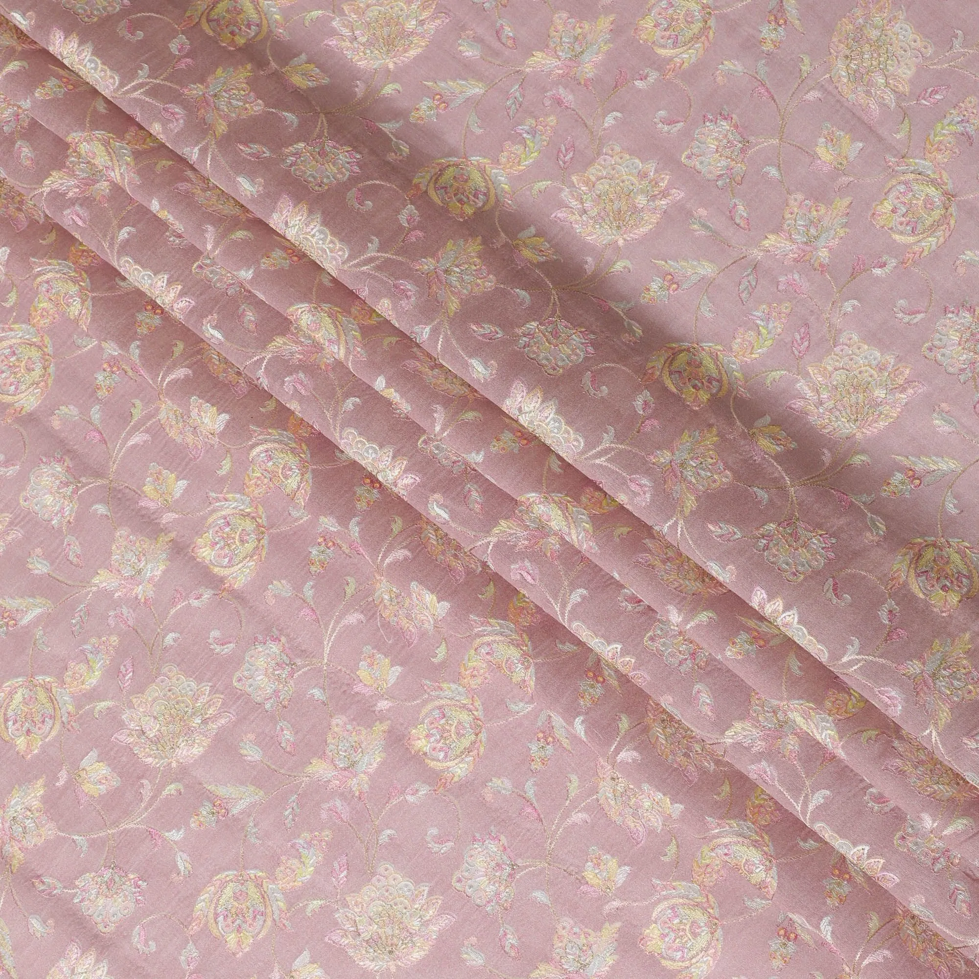 Light pink Premium pure cotton silk fabric with multicolor embroidery in floral design-D16862