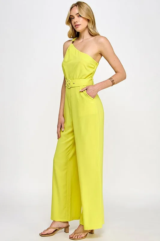 Lime One Shoulder Trim Detail Jumpsuit With Belt