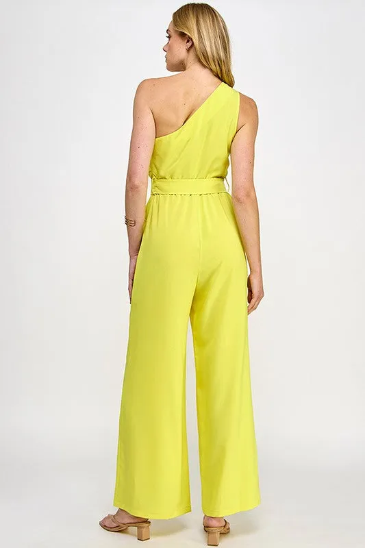 Lime One Shoulder Trim Detail Jumpsuit With Belt