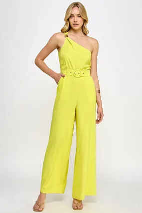 Lime One Shoulder Trim Detail Jumpsuit With Belt