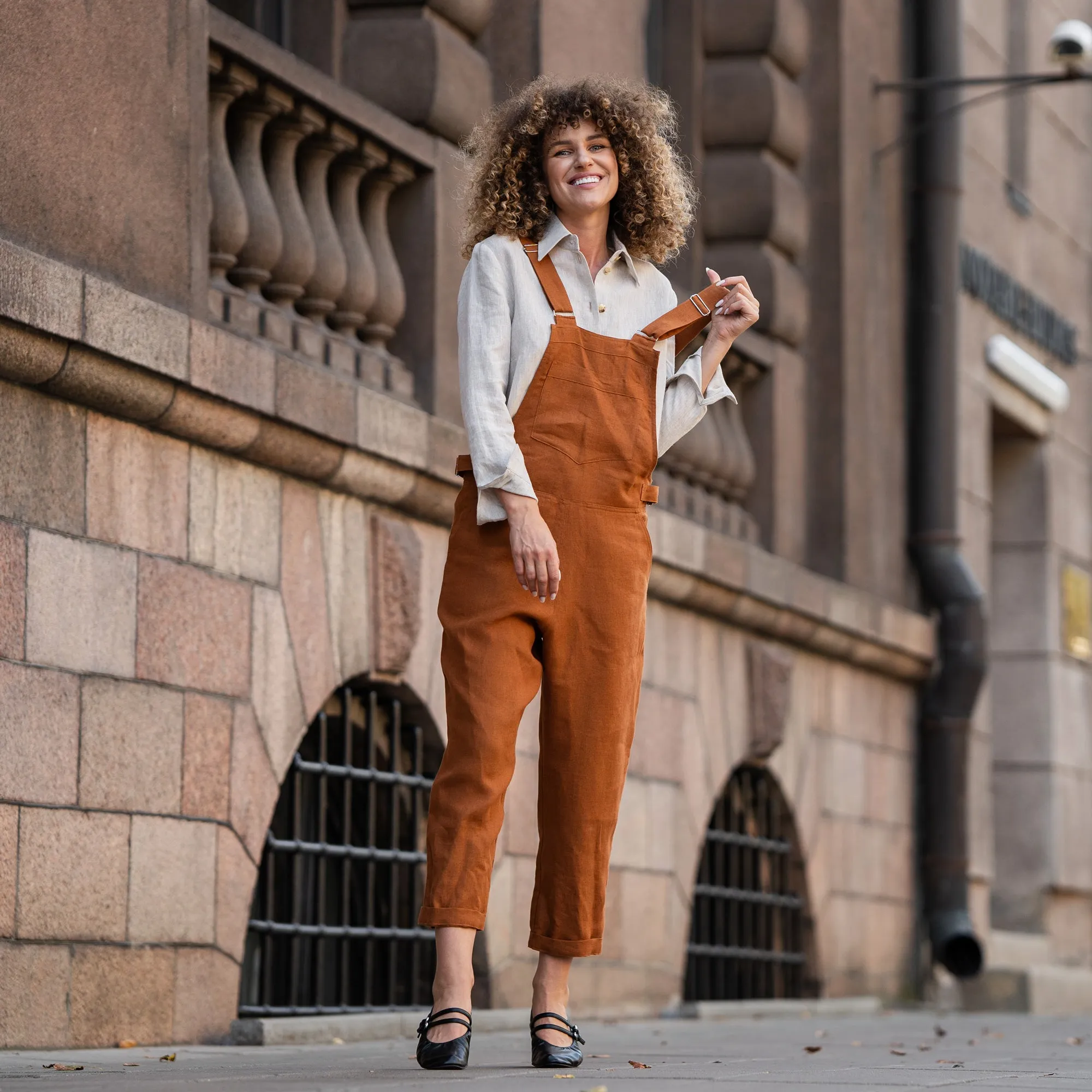 Linen Pinafore Jumpsuit Nicci Almond Brown