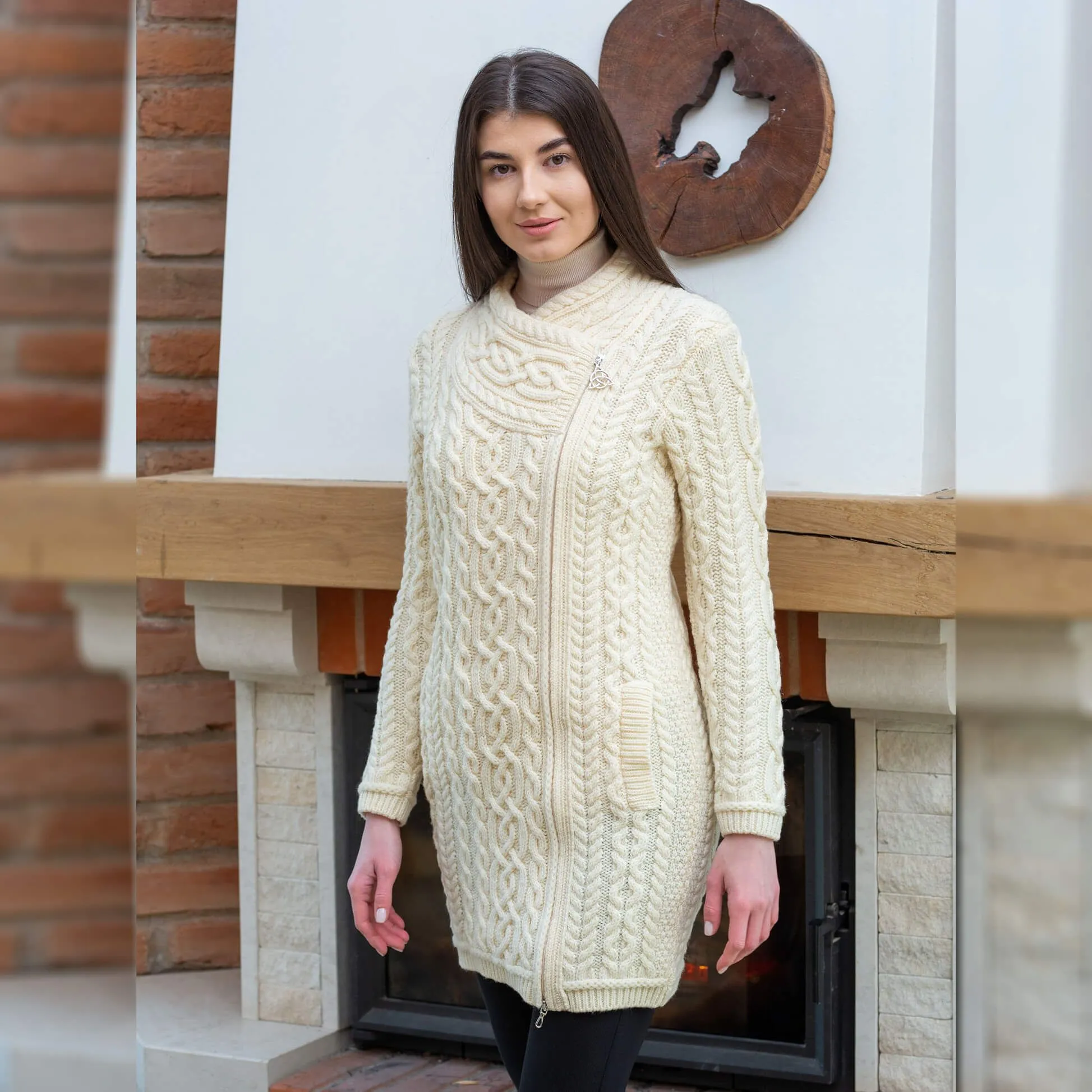 Long Merino Wool Aran Zipper Cardigan