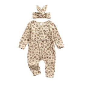 Long Sleeve Daisy Print Baby Jumpsuit