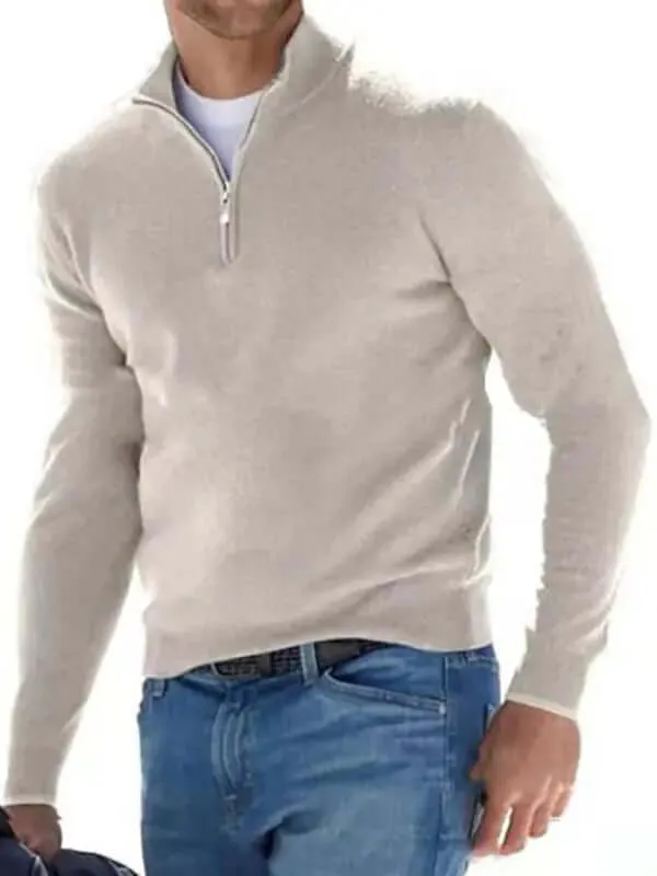 Long Sleeve V-Neck Wool Fleece Zipper Men's Pullover