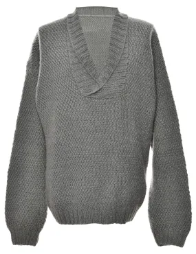 Long-Sleeved Grey Shawl Collar Jumper - L