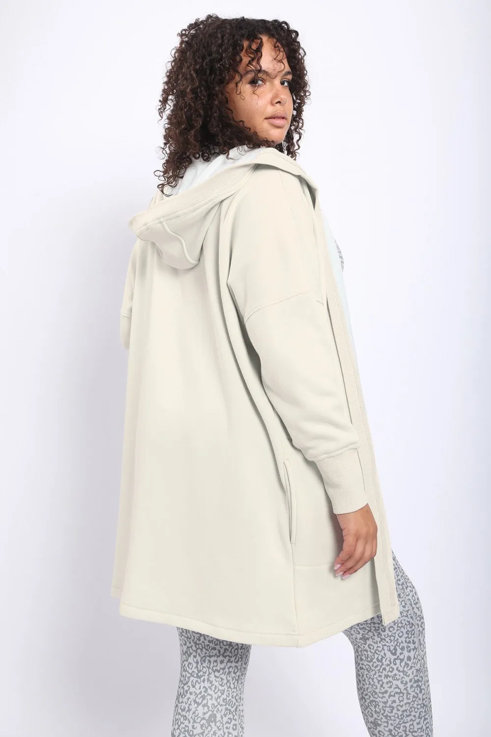 Longline Hoodie Cardigan with Fleece Lining - Stone