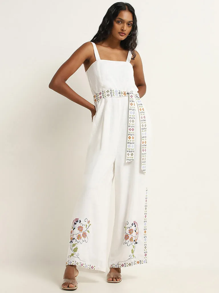 LOV White Floral Cotton Jumpsuit with Belt