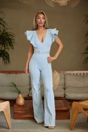 Lt Blue Washed Denim Stretch Fashion Jumpsuit