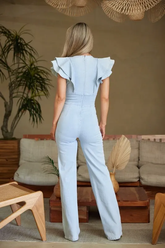 Lt Blue Washed Denim Stretch Fashion Jumpsuit