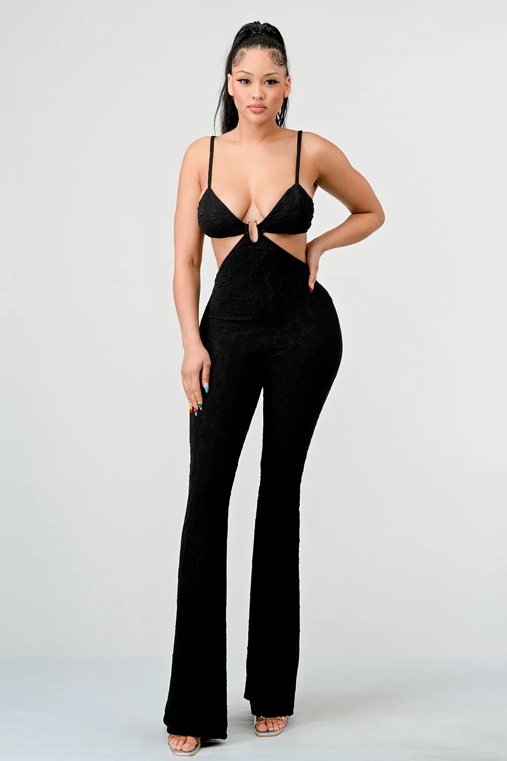 LUX DIAMOND TEXTURED KNIT SIDE CUTOUTS JUMPSUIT