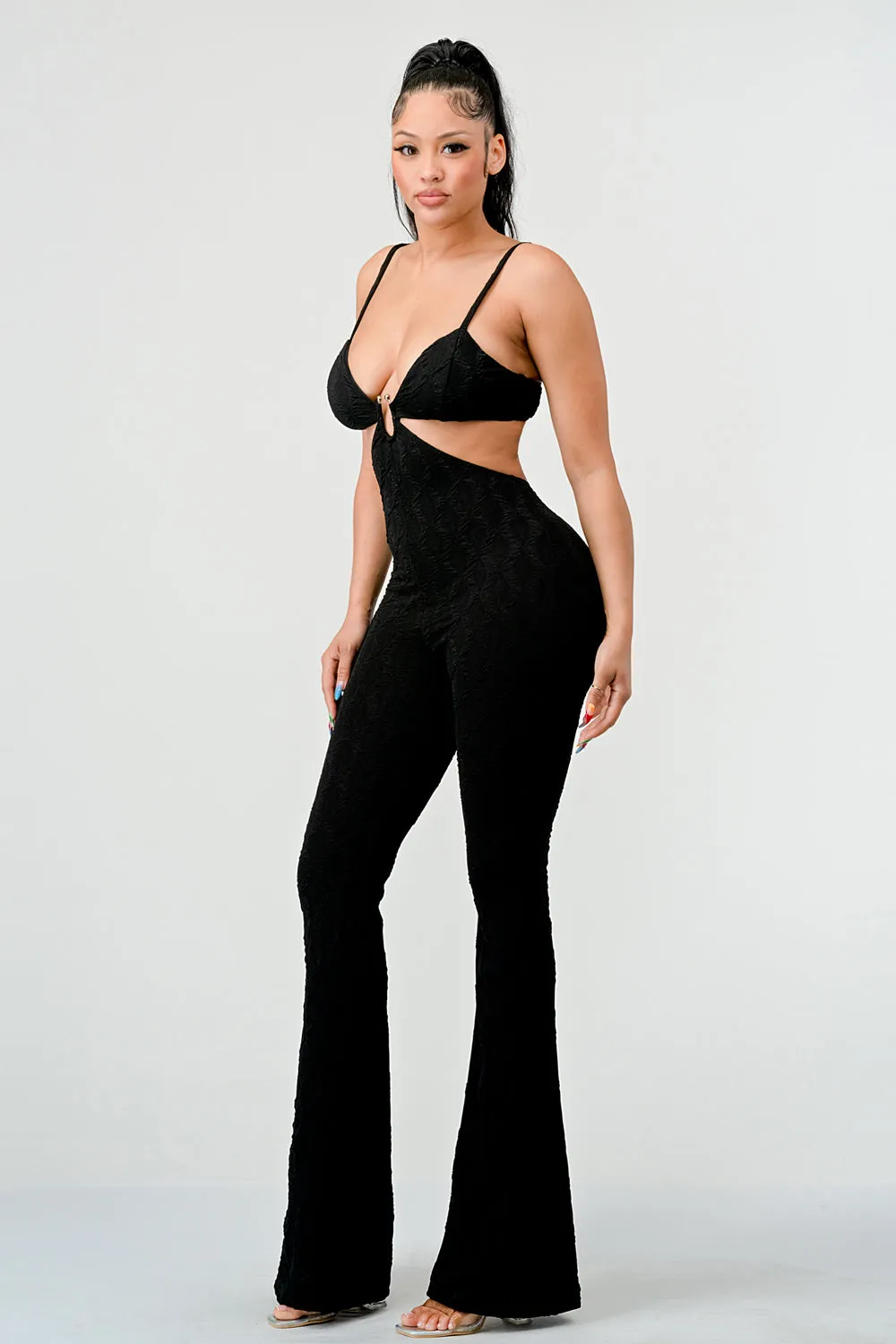 LUX DIAMOND TEXTURED KNIT SIDE CUTOUTS JUMPSUIT