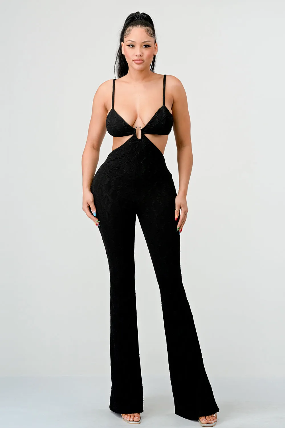 LUX DIAMOND TEXTURED KNIT SIDE CUTOUTS JUMPSUIT