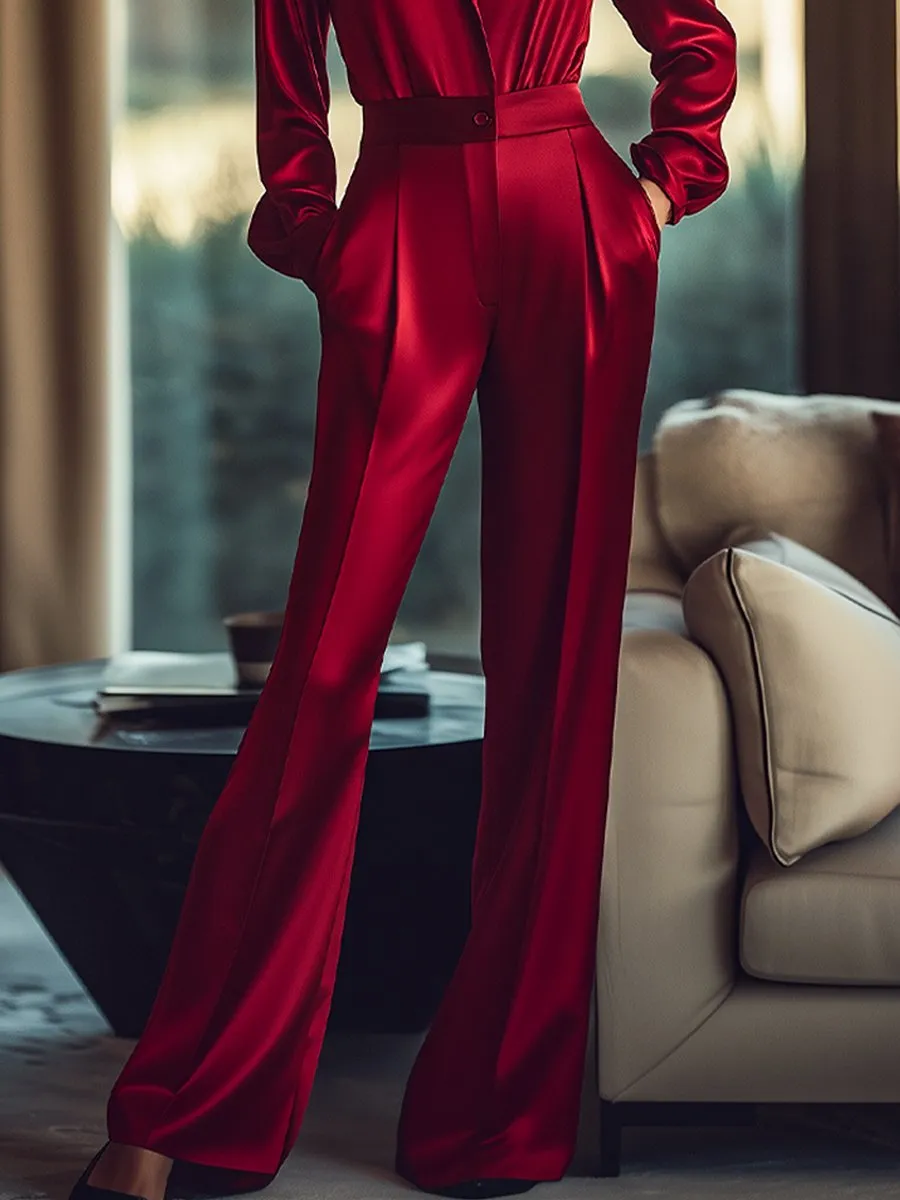 Luxurious Red Satin Jumpsuit with Buttoned Waist