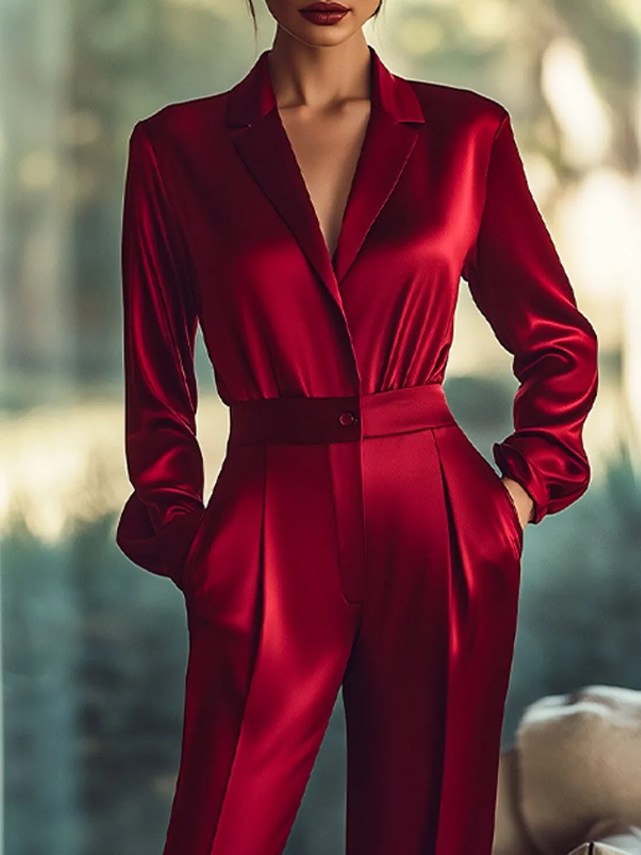 Luxurious Red Satin Jumpsuit with Buttoned Waist