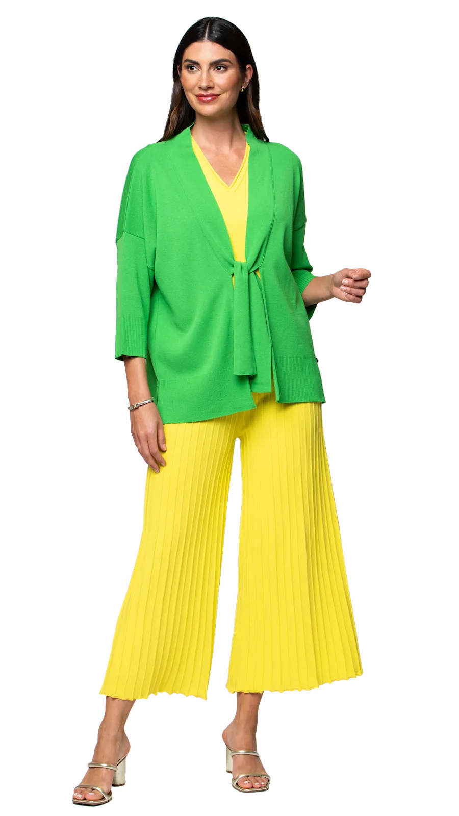 Malia Three-Quarter Sleeved Front-Tie Cardigan; Bright Green