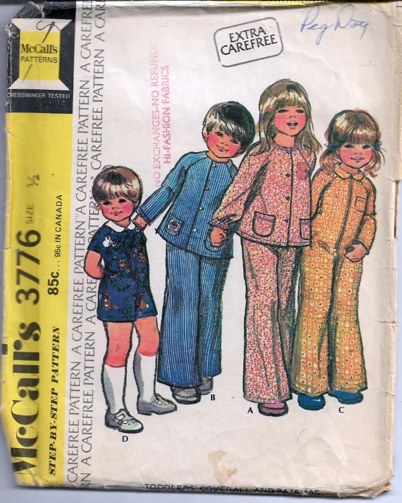 McCall's 3776 Toddler Jumpsuit Coveralls Pajamas Vintage 1970's Sewing Pattern Retro Style Clothing