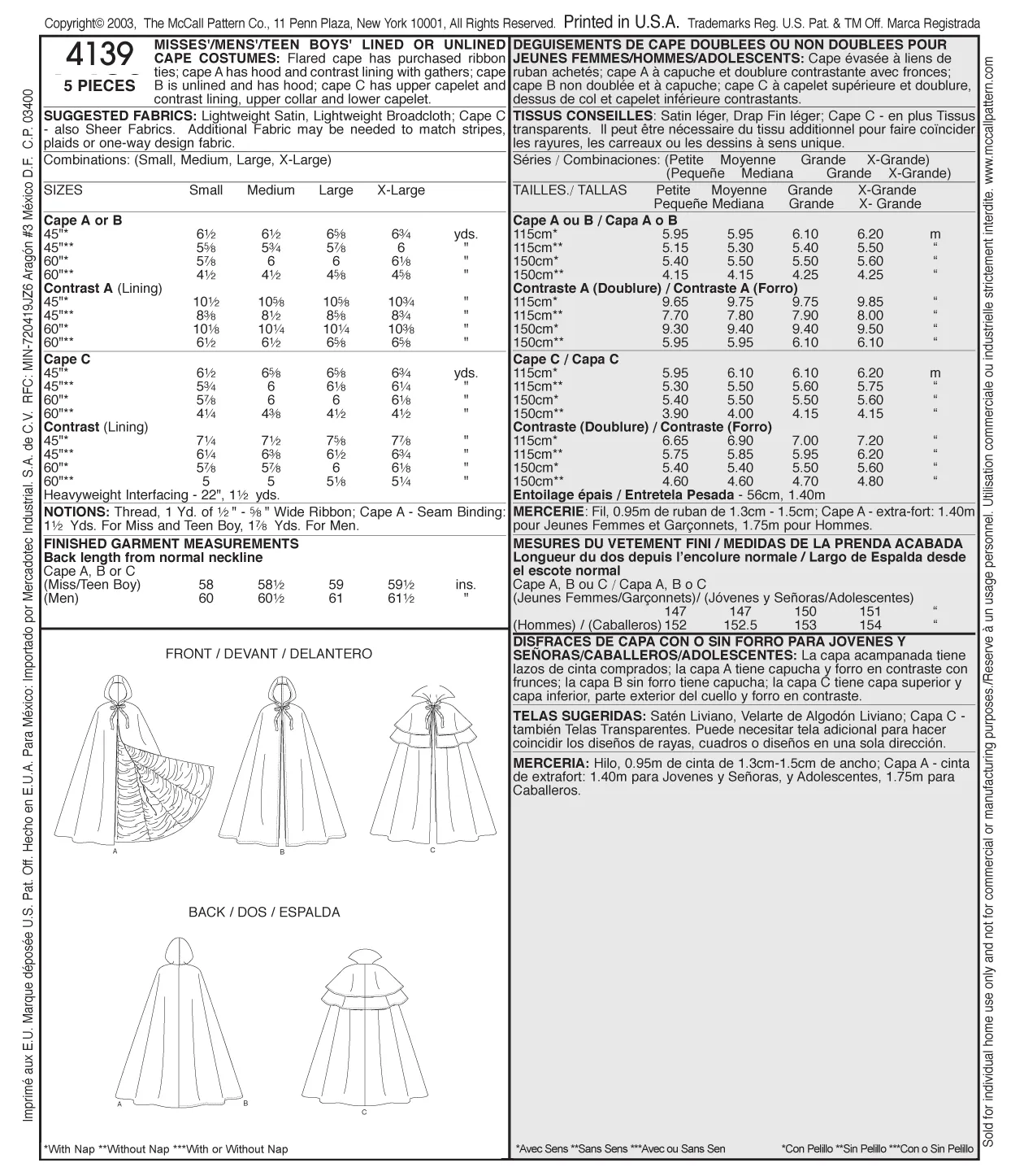 McCall's 4139 Misses'/Men's/Teen Boys' Lined and Unlined Cape Costumes