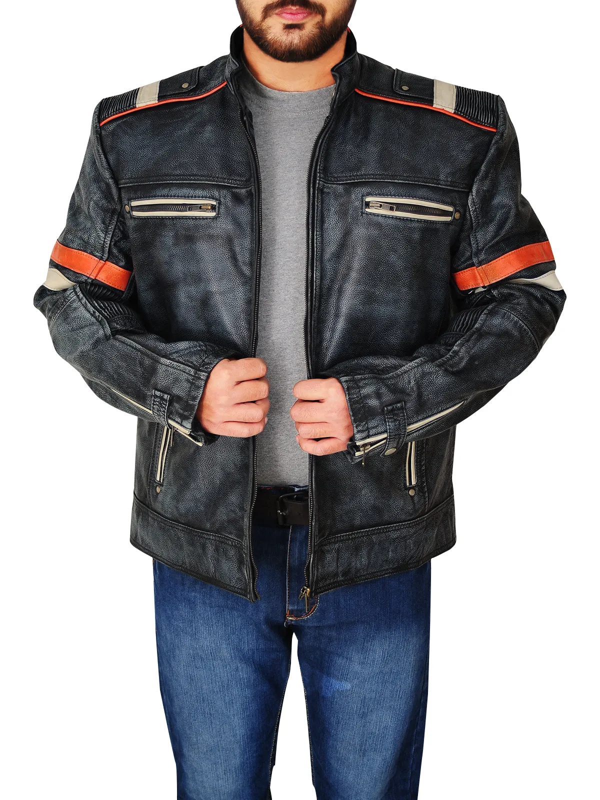 Men Distressed Black Cafe Racer Jacket