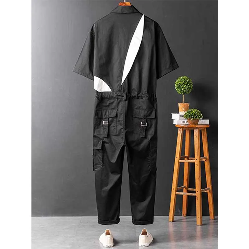 Men's Retro Casual Long Sleeve Jumpsuit Color Block Jumpsuit Bodysuit with Pockets