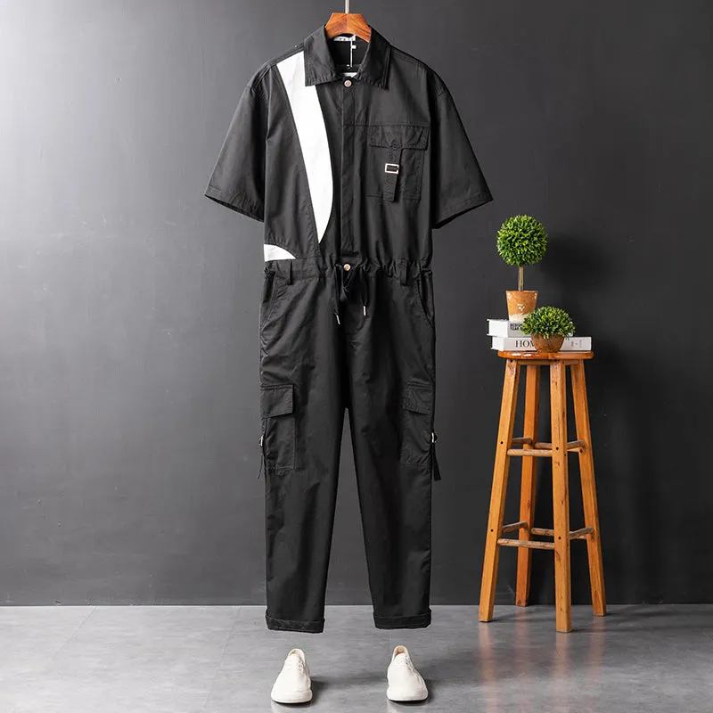 Men's Retro Casual Long Sleeve Jumpsuit Color Block Jumpsuit Bodysuit with Pockets