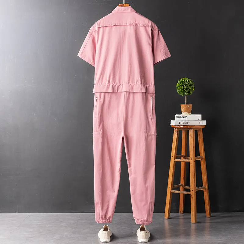 Men's Retro Loose Casual Short Sleeve Jumpsuit Jumpsuit with Pockets