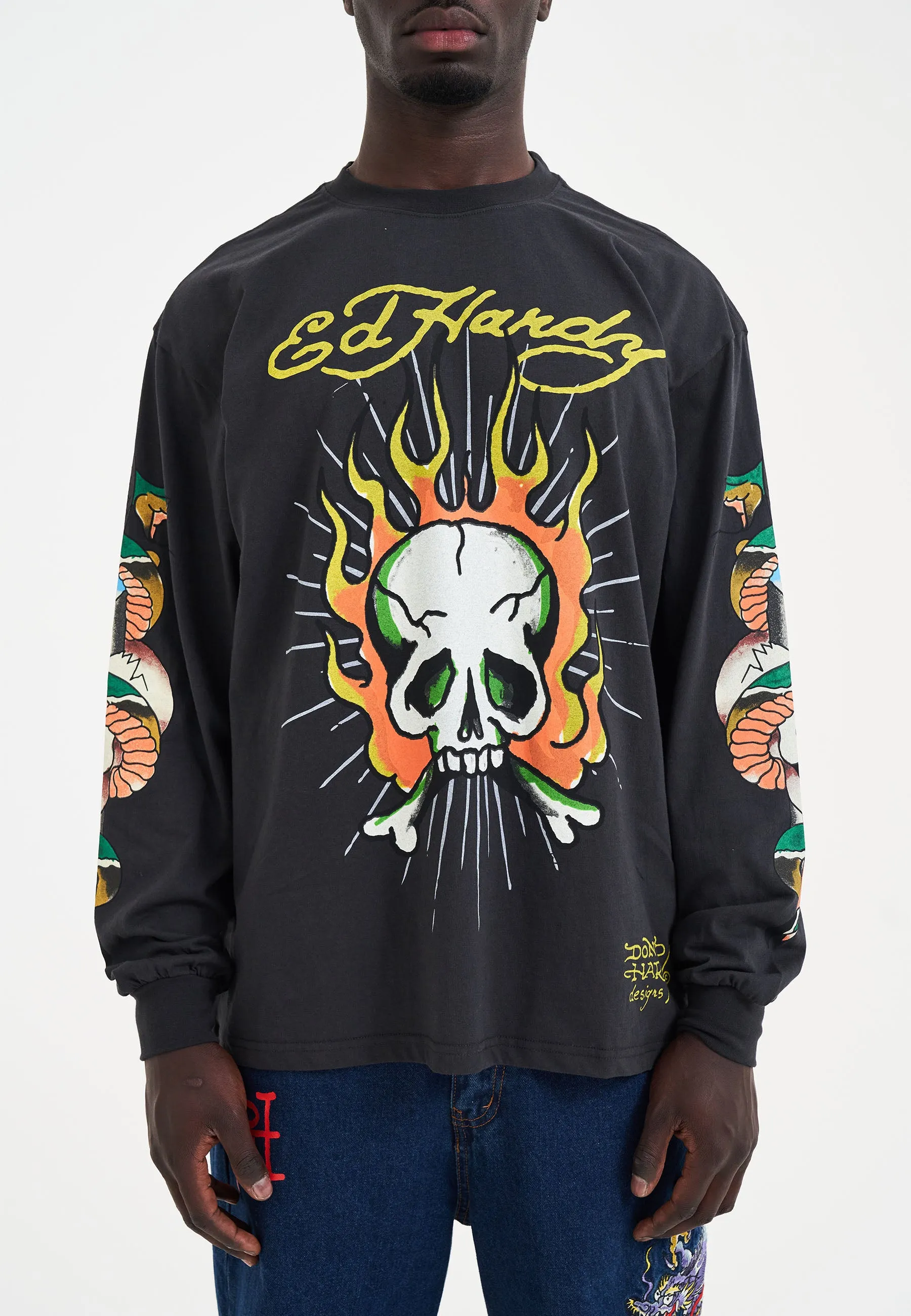 Mens Skull-Flame Long Sleeve T-Shirt - Charcoal