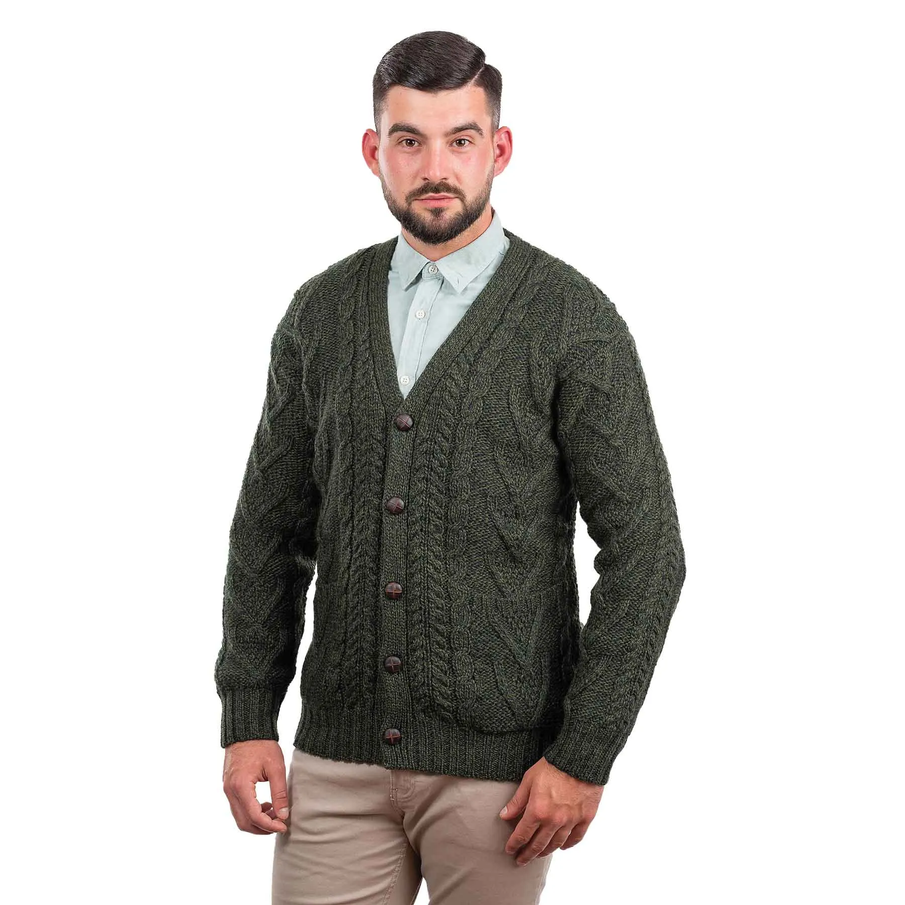 Men's V-Neck Cable Cardigan, Army Green