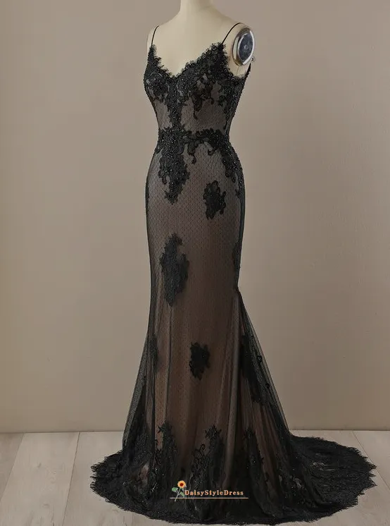 Mermaid Black Dot Tulle and Lace Evening Dress