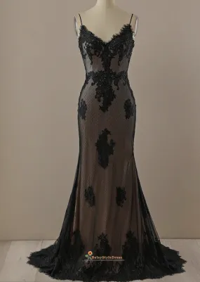 Mermaid Black Dot Tulle and Lace Evening Dress