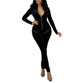 Mesh Stitched Zipper Wholesale Women Jumpsuit