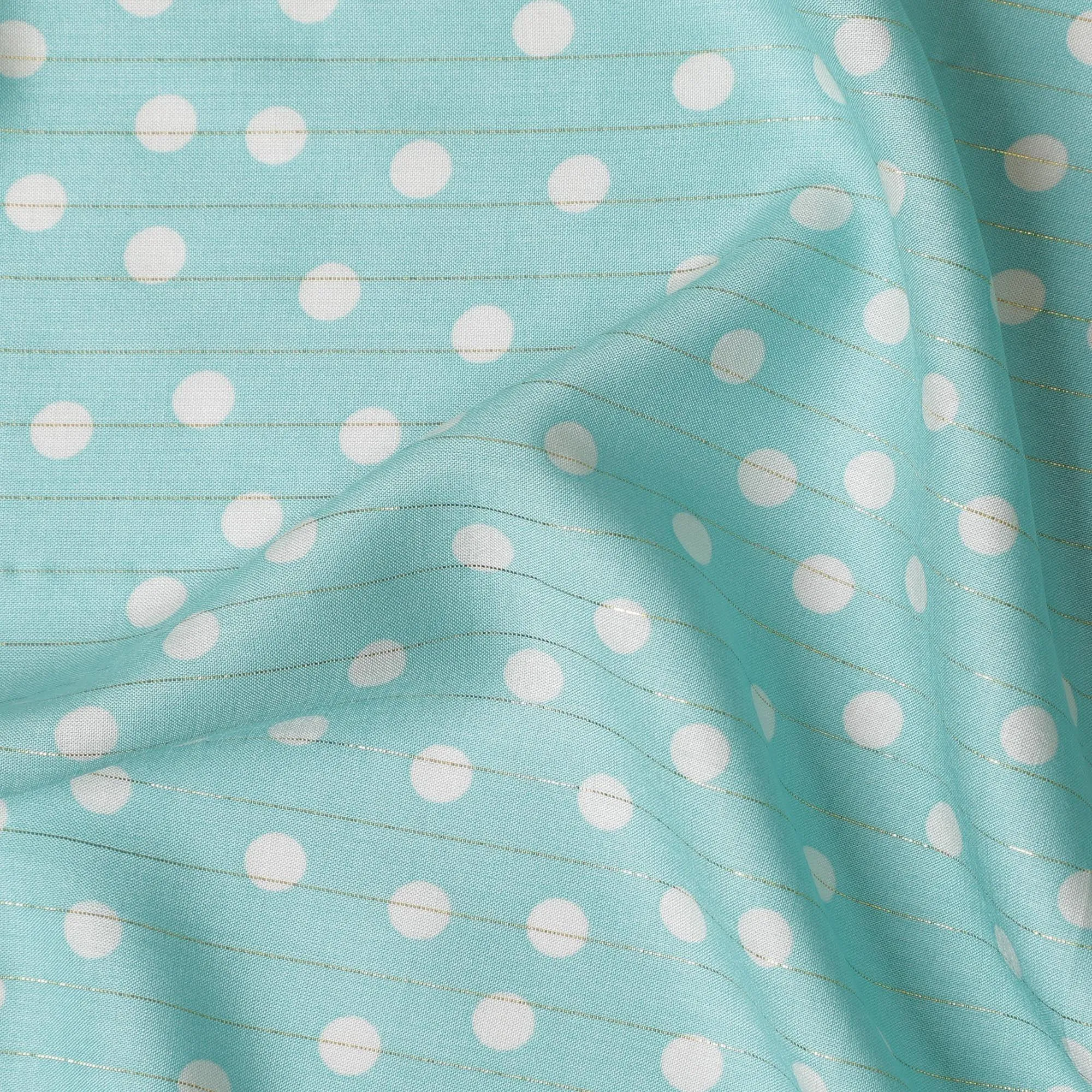 Mint green viscose crepe printed fabric with golden lurex in polka dot design-D11156