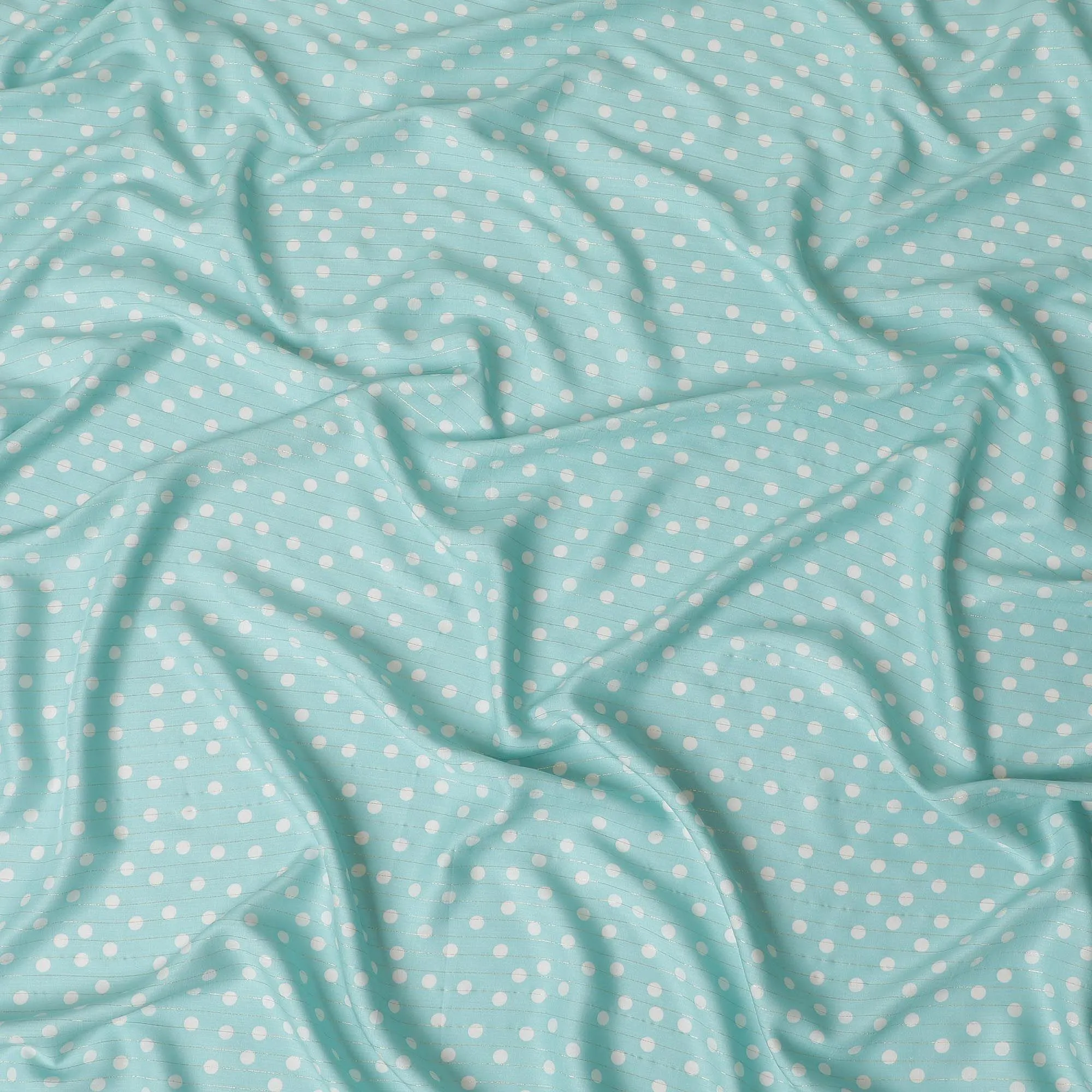 Mint green viscose crepe printed fabric with golden lurex in polka dot design-D11156