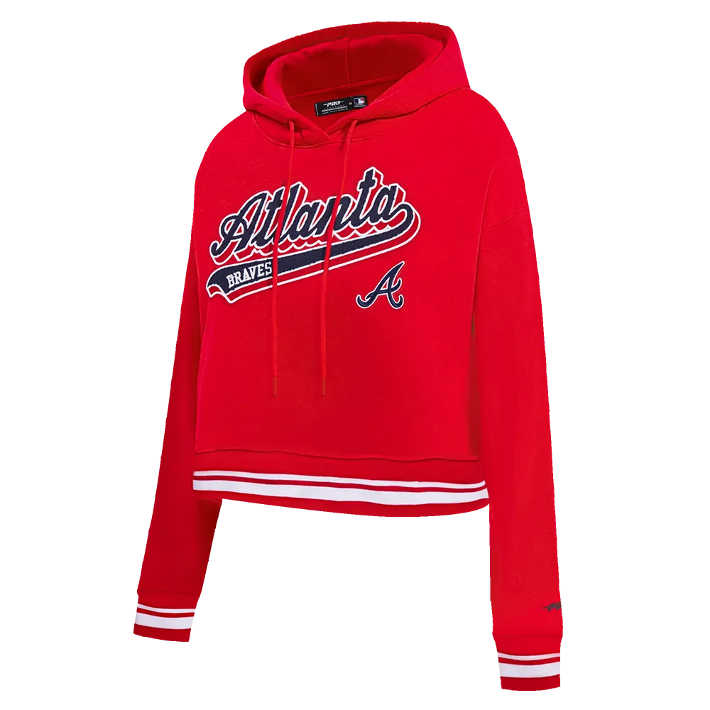 MLB ATLANTA BRAVES SCRIPT TAIL WOMEN'S RIB FLC CROPPED PO HOODIE (RED)