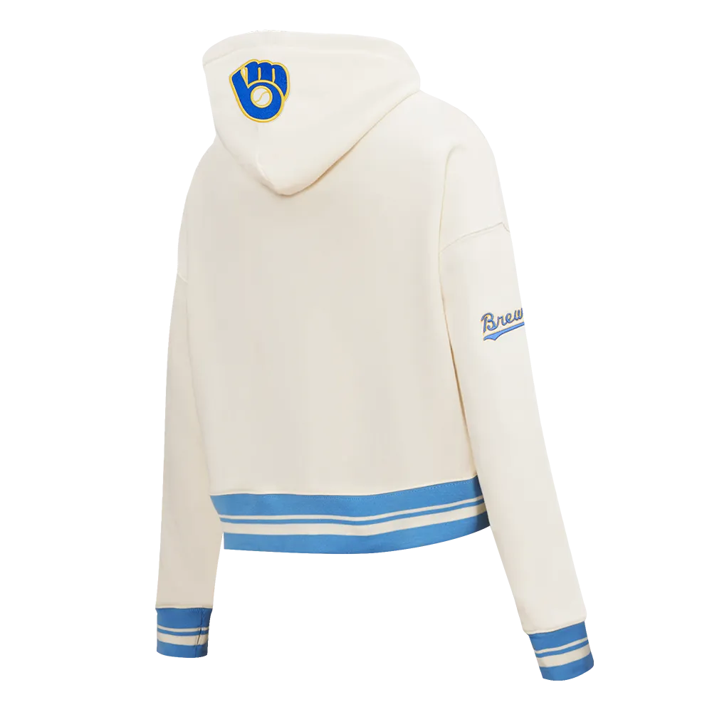 MLB MILWAUKEE BREWERS RETRO CLASSIC WOMEN'S RIB CROPPED PO HOODIE (EGGSHELL/ UNIVERSITY BLUE)