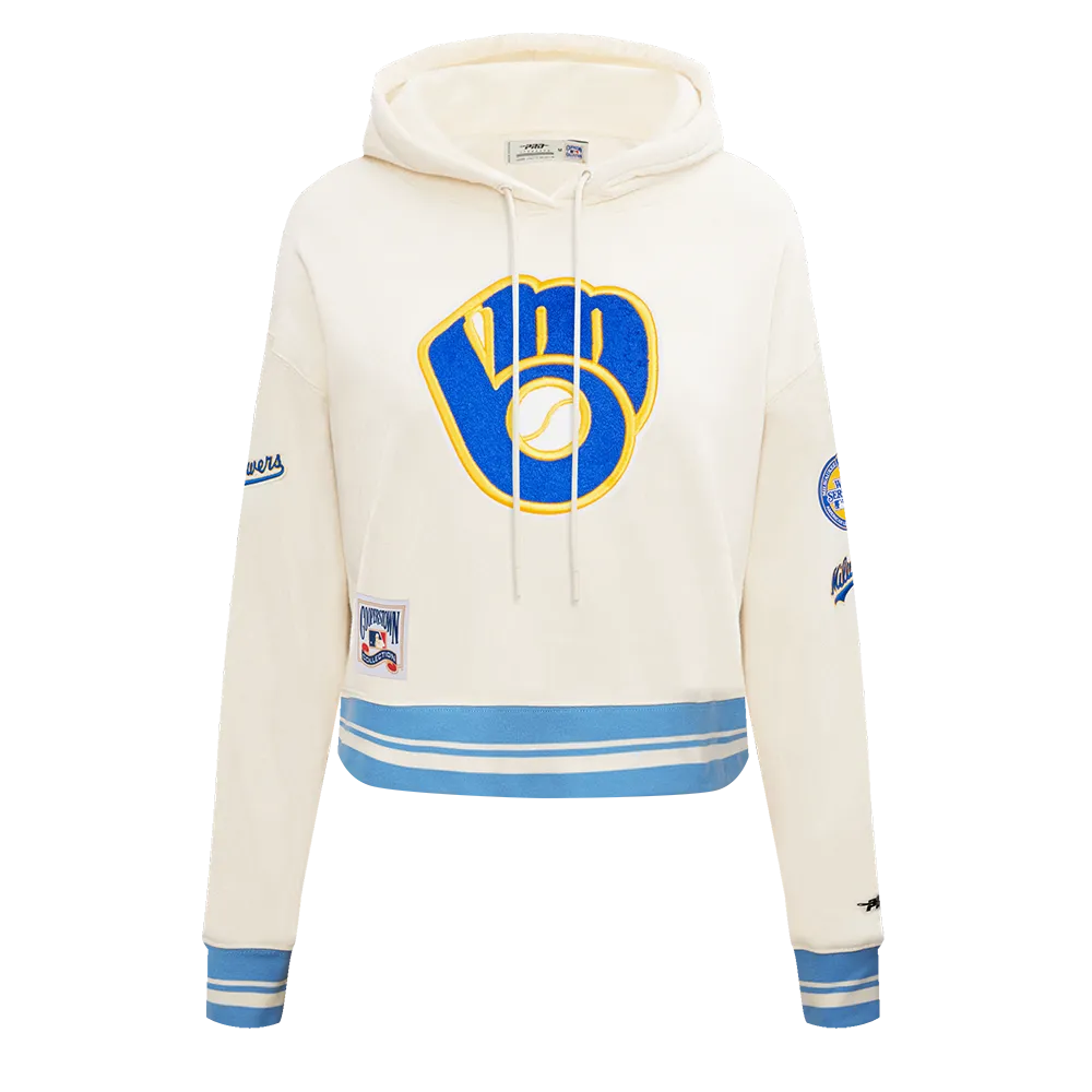 MLB MILWAUKEE BREWERS RETRO CLASSIC WOMEN'S RIB CROPPED PO HOODIE (EGGSHELL/ UNIVERSITY BLUE)