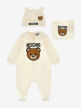 Moschino Baby Bear Logo Babygrow Gift Set in Ivory