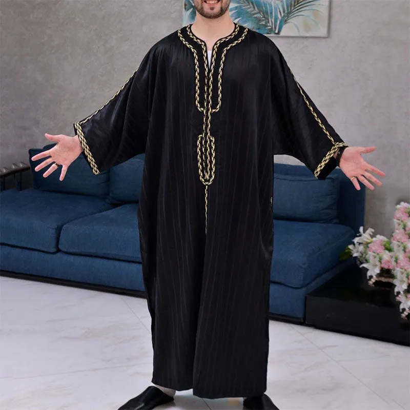 Muslim Men's Robe Middle East Ethnic Loose Casual V-Neck Mid Sleeve Retro Printing Muslim Men's Jumpsuit Summer M-4XL