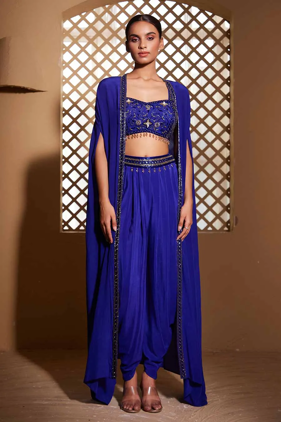 Navy Blue Akasa Embroidered Dhoti Set With Cape