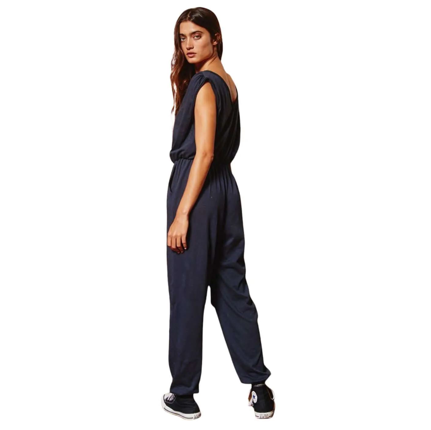 Navy Cotton Drawstring Waist Jumpsuit Made in USA