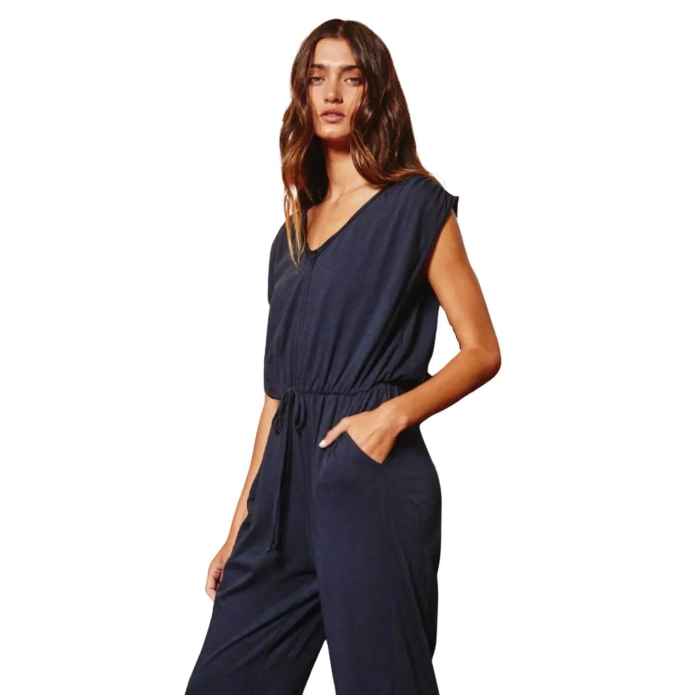 Navy Cotton Drawstring Waist Jumpsuit Made in USA