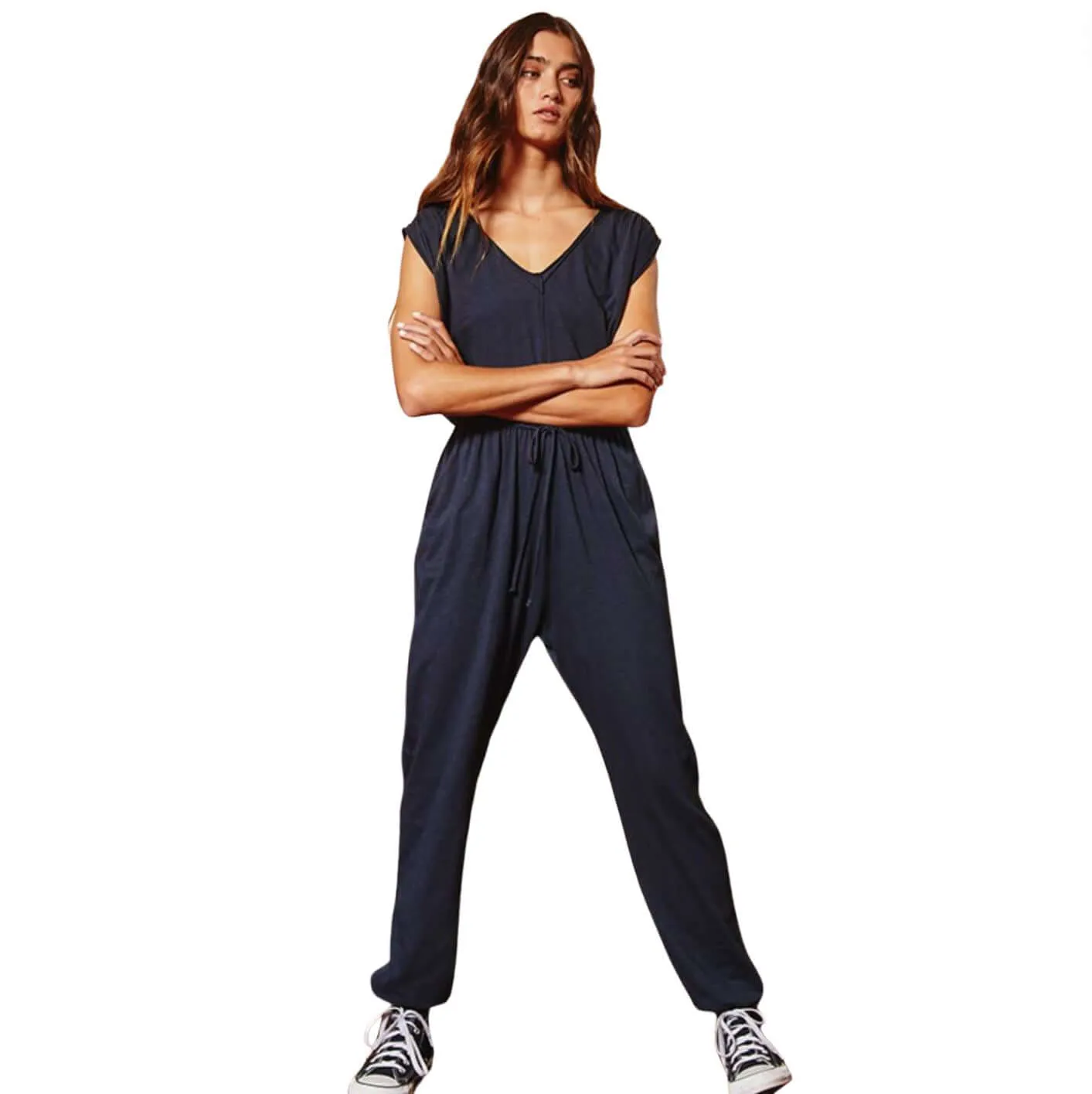 Navy Cotton Drawstring Waist Jumpsuit Made in USA