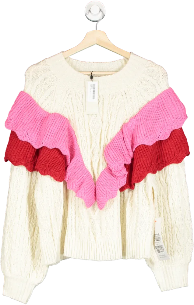 Never Fully Dressed Cream/ Pink Ruffle Cable Jumper UK XL