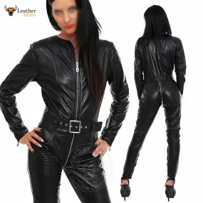 New Ladies Genuine leather catsuit Romper Jumpsuit full sleeves three way zip fitted