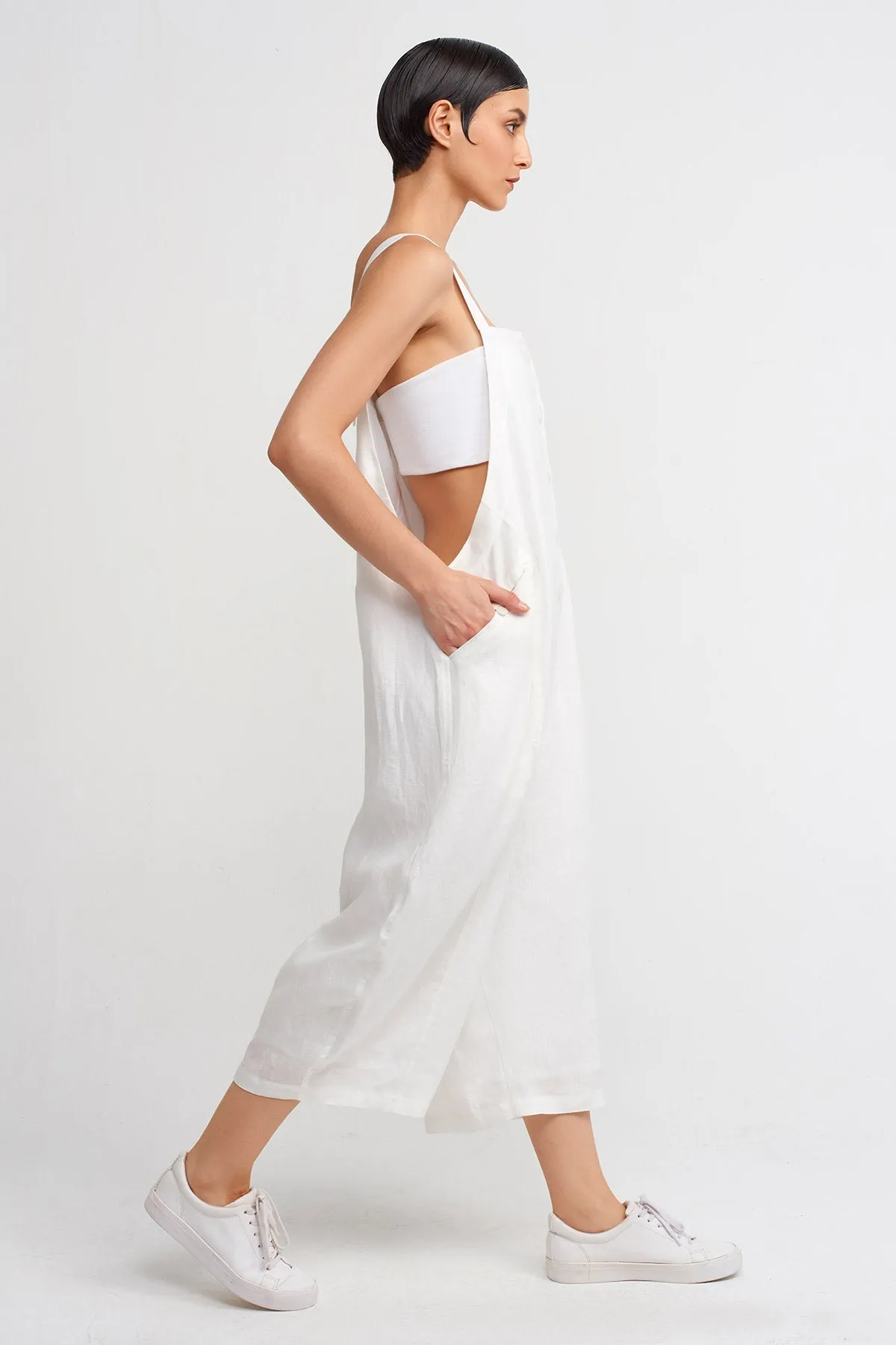 Nu Thick-Strap Linen Jumpsuit Off White