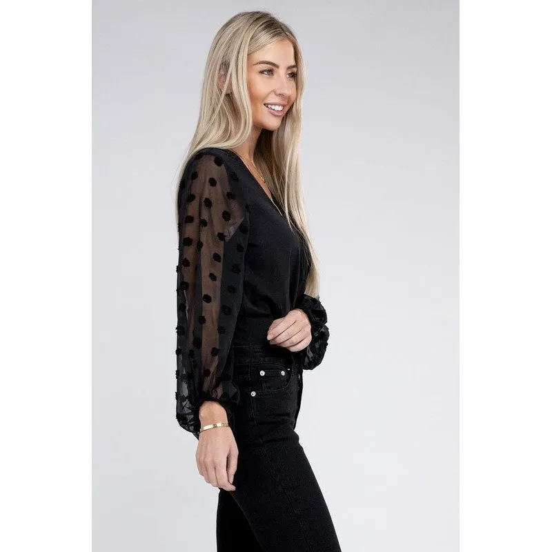 NUVI APPAREL V Neck Wrap Sheer Sleeves Bodysuit