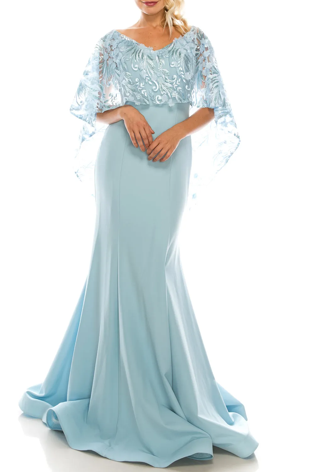 Odrella Trumpet Evening Gown with Embroidered Mesh Cape (Additional Colors)