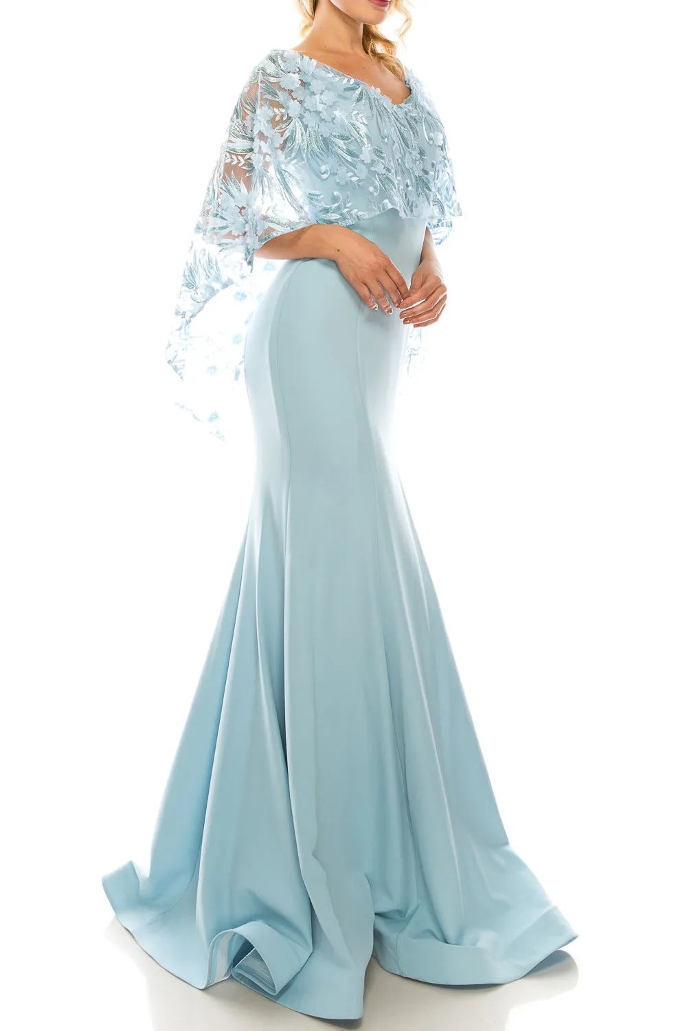 Odrella Trumpet Evening Gown with Embroidered Mesh Cape (Additional Colors)