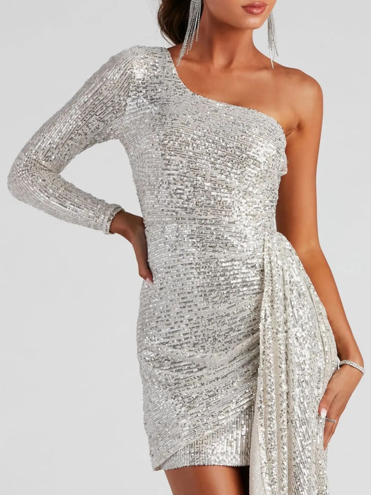 Off Shoulder Glitter Ruched Mini Dress