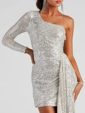 Off Shoulder Glitter Ruched Mini Dress