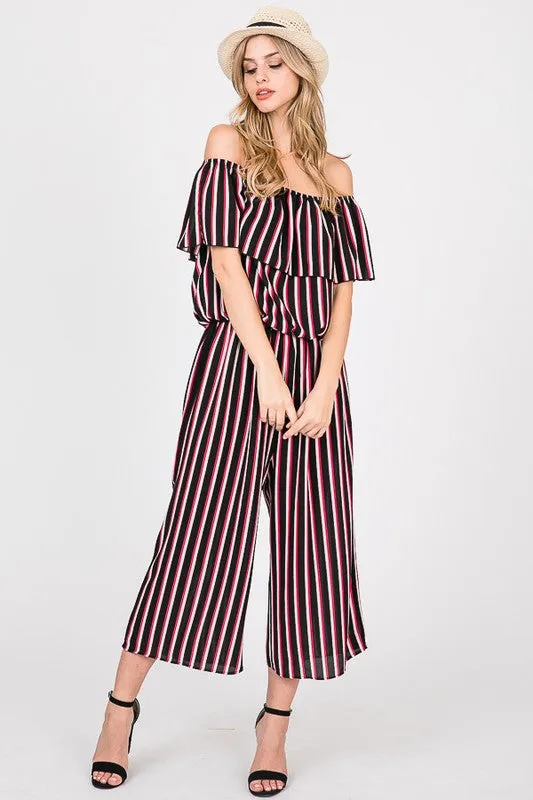 OFF SHOULDER STRIPES JUMPSUITS